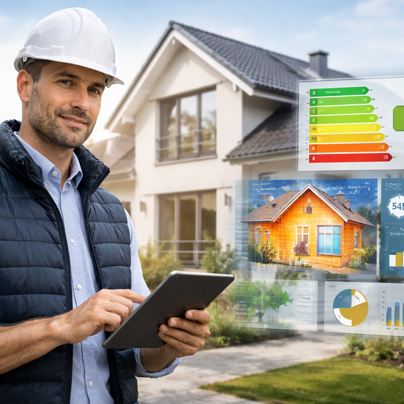 Energieberater mit Tablet vor Wohnhaus